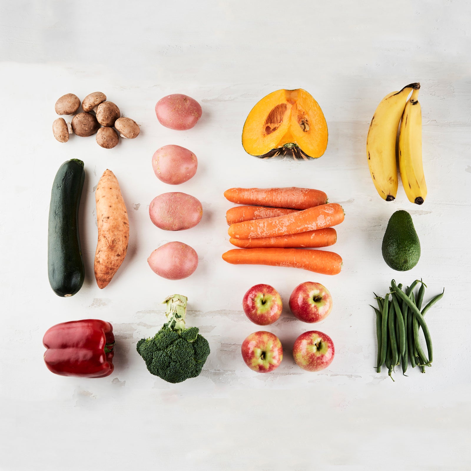 Flat lay photo of vegetables that are part of the Vegetable Box delivered throughout Bendigo